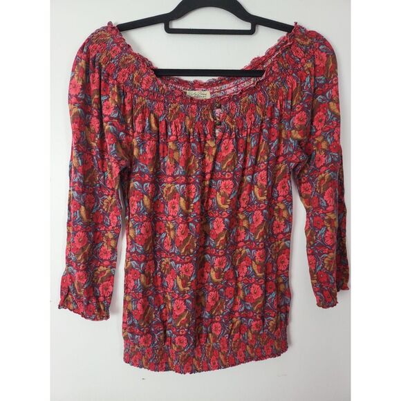 Lucky Brand Long Sleeve Top Small Womens Boat Neck Red Floral Print Pullover - Picture 1 of 8